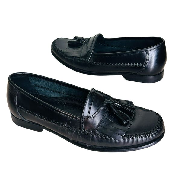 Bass Lowell Shoes Mens 10.5 Black Leather Loafers Kiltie Tassel Hand Stitched - Picture 2 of 10